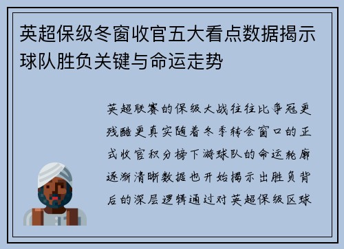 英超保级冬窗收官五大看点数据揭示球队胜负关键与命运走势